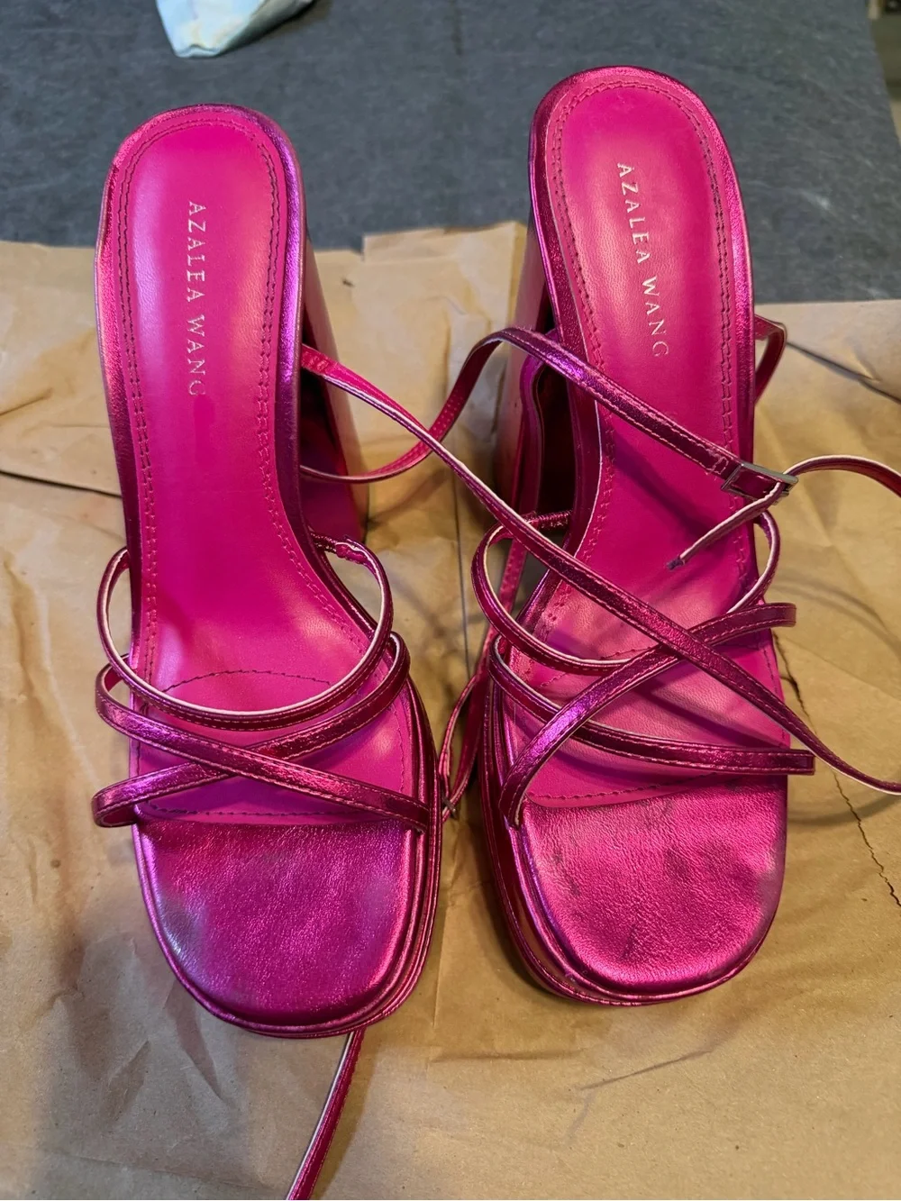 Azalea Wang Metallic Hot Pink Platform Strappy Heels with Wrap Ankle Ties - Picture 3 of 9